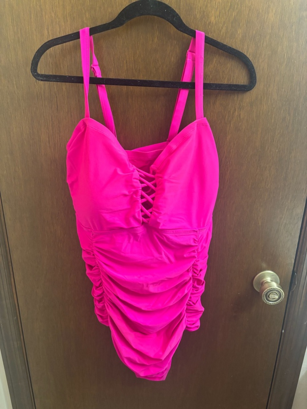 Torrid wireless lattice front Hot Pink Ruched One-Piece Swimsuit